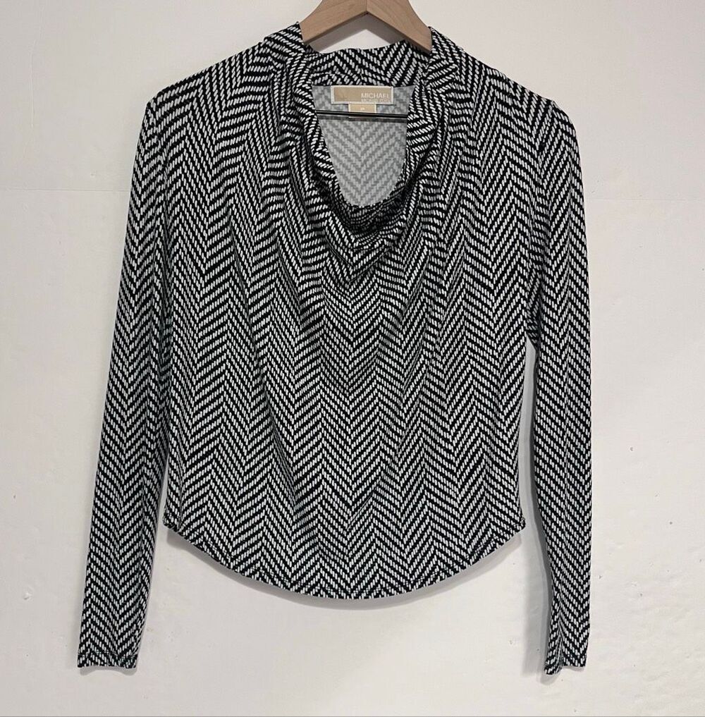 MICHAEL Michael Kors Black And White Herringbone Long Sleeve Top Size